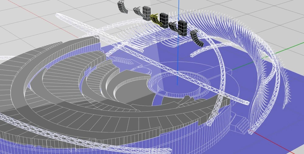 The Next Singer L-ISA Scene System of three arrays of six L-Acoustics K2 and two hangs of eight Kudo boxes per side with three arrays of four KS28 subwoofers flown behind