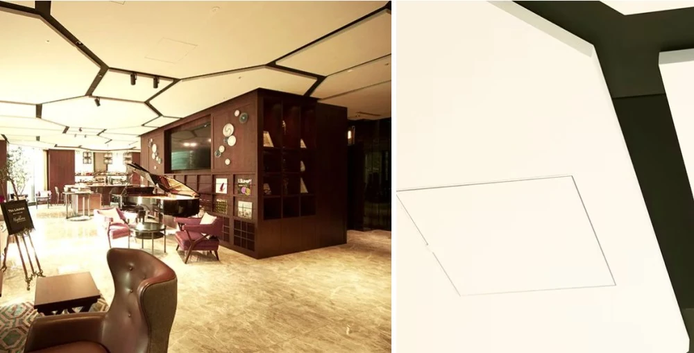 The spacious area extending from the front lobby to the bar lounge (left) and the narrow grooves in the ceiling design, which were inspired by the shape of the VXL1B-8 line array speaker