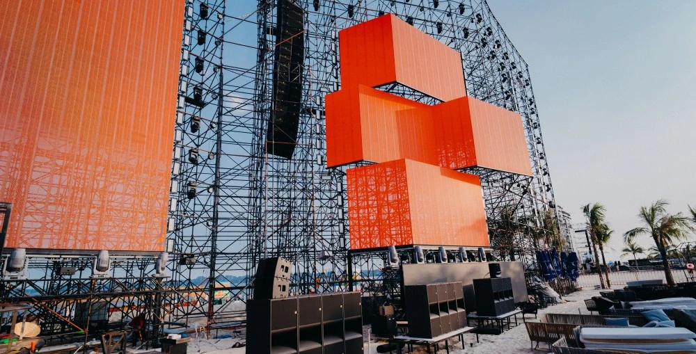 The main system configuration showcases L-Acoustics K1-SB subwoofers, twelve K1 line array elements, and K2 enclosures, with A10 Focus front-fill ensuring consistent coverage across all audience areas