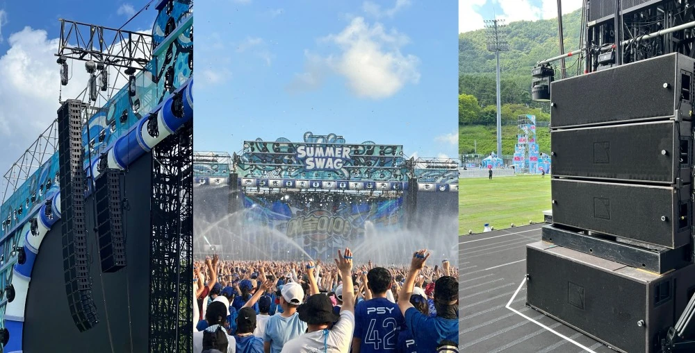 Main left-right arrays of 16 K1 and four K2 per side, with eight L-Acoustics K1-SB subwoofers flown behind; while SB28 subwoofers hidden beneath staging maintained low-end response while allowing for water-play of PSY’s Summer Swag 2025