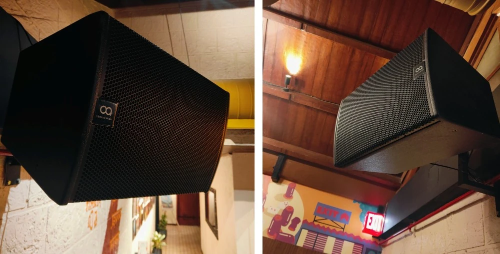 Optimal Audio Cuboid 15 and 12 passive speakers have been strategically positioned to direct sound onto the floor while reducing reflections