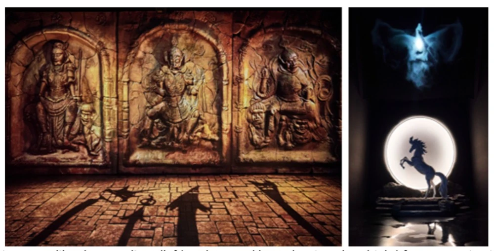 Exhibition zones like The Guardians (left) and Geoseokhan, The First Khan (right) feature captivating visuals that immerse visitors in Silla’s legendary past (Images courtesy of Flashbackground Co., Ltd.)